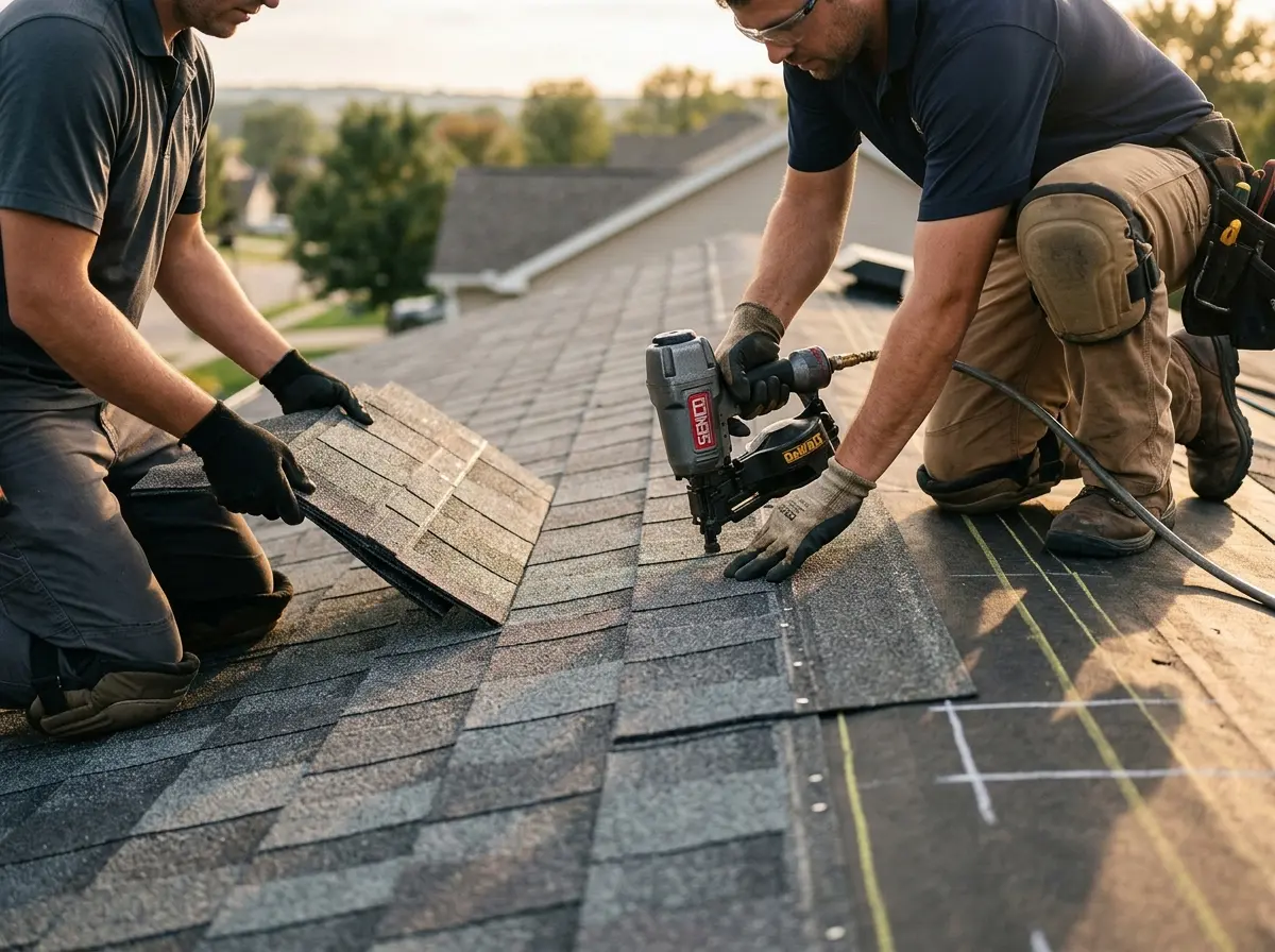 Professional roofer working on a residential roof in Bardstown